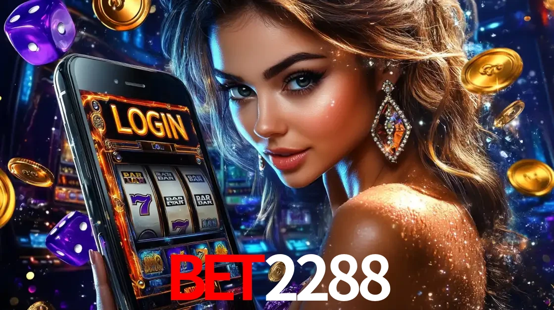 Mulher glamorosa segurando um smartphone com a tela de login para os jogos de caça-níqueis do cassino online BET2288, com moedas de ouro e dados ao redor.