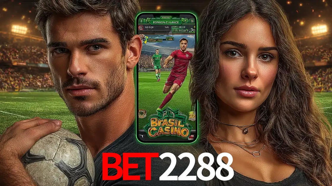 Homem segurando uma bola de futebol e uma mulher ao lado de um smartphone exibindo o jogo de apostas esportivas da BET2288. Faça seu palpite no cassino online.